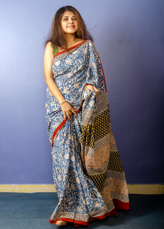 Blue White Printed Pure Cotton Saree