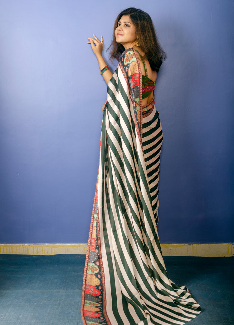 Beautiful Green Stripe Satin Sari With Multicolor Border