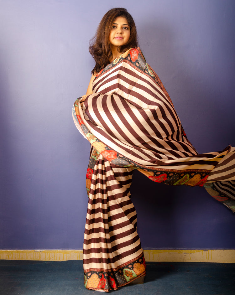 Beautiful Brown Stripe Satin Sari With Multicolor Border