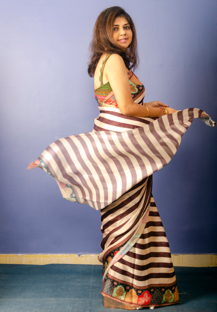 Beautiful Brown Stripe Satin Sari With Multicolor Border