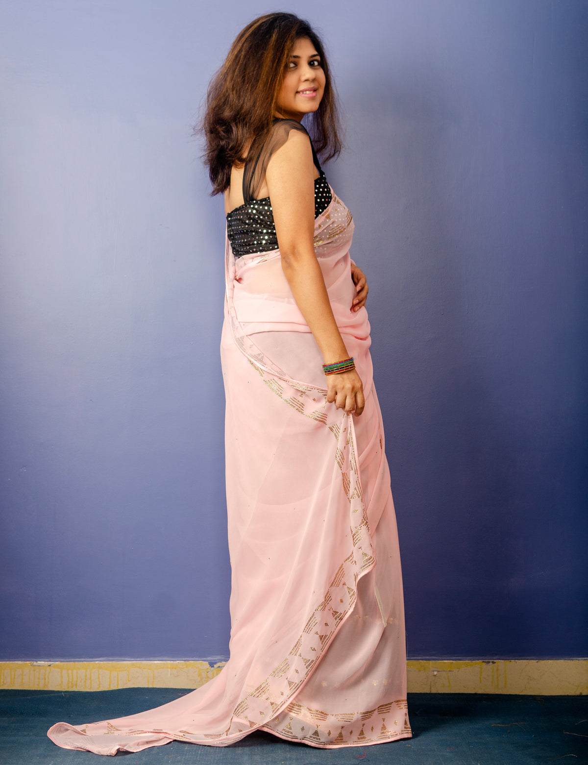 Baby Pink Viscos Sari with Swarovski Work — view 5