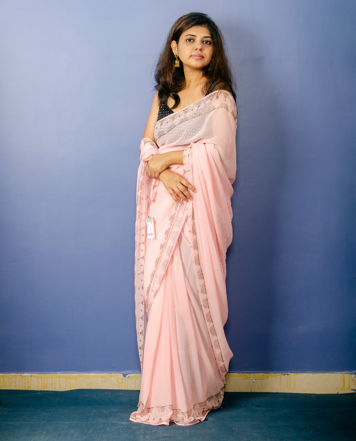 Baby Pink Viscos Sari with Swarovski Work — view 2