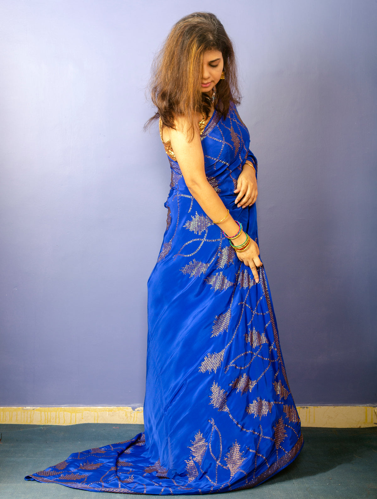 Royal Blue Pure Satin Sari with Swarovski Work — view 4