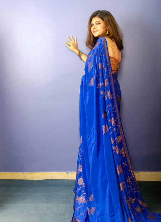 Royal Blue Pure Satin Sari with Swarovski Work