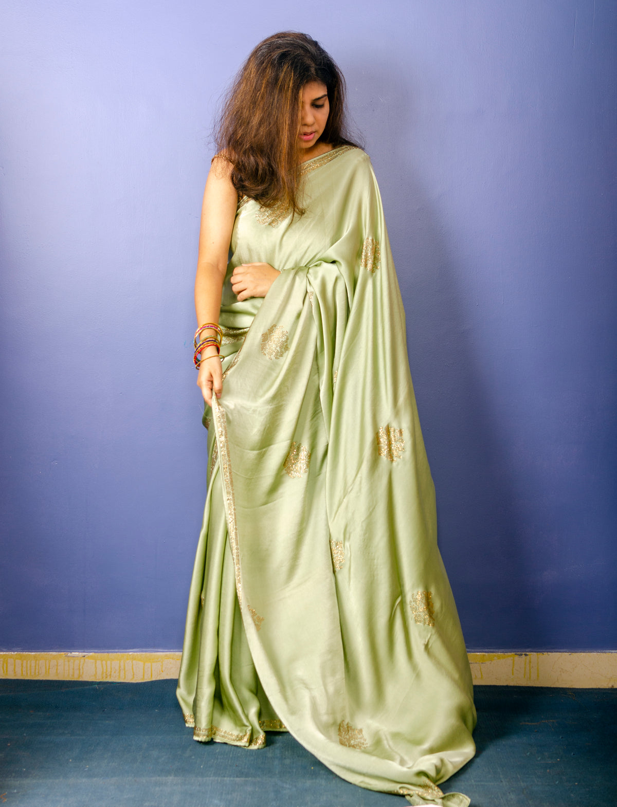 Olive Green Pure Satin Silk Sari with Swarovski Work — view 2