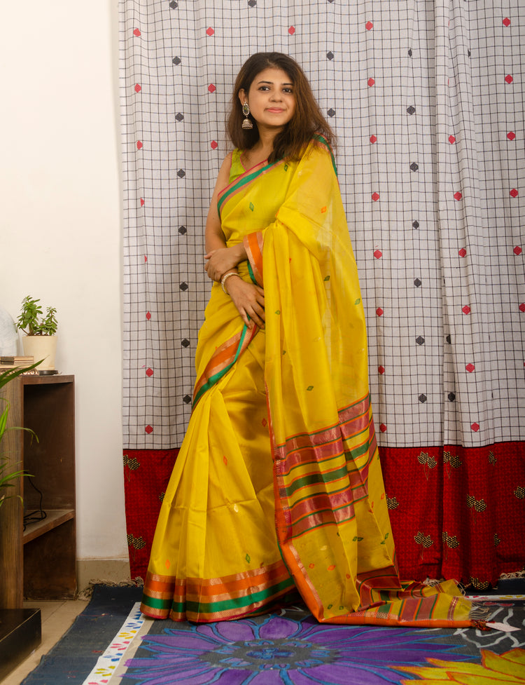 Lemon Yellow Handwoven Maheshwari Sari