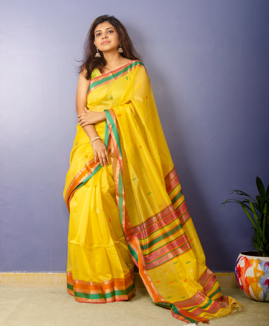 Lemon Yellow Handwoven Maheshwari Sari