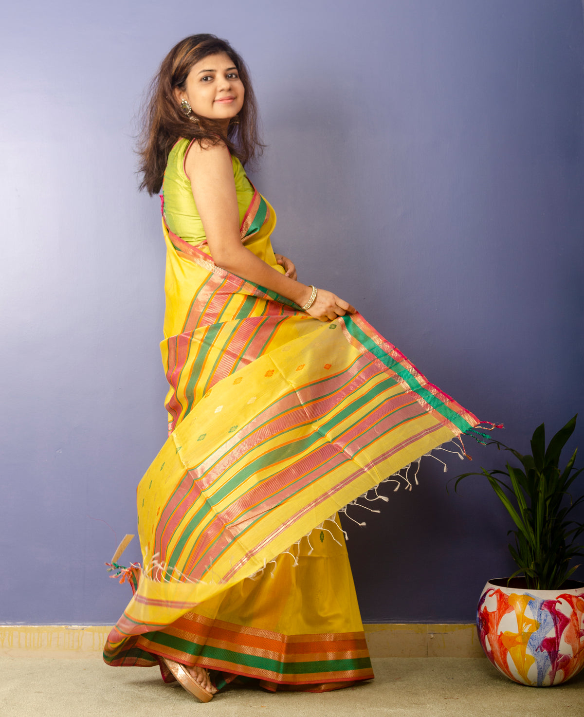 Lemon Yellow Handwoven Maheshwari Sari — view 5