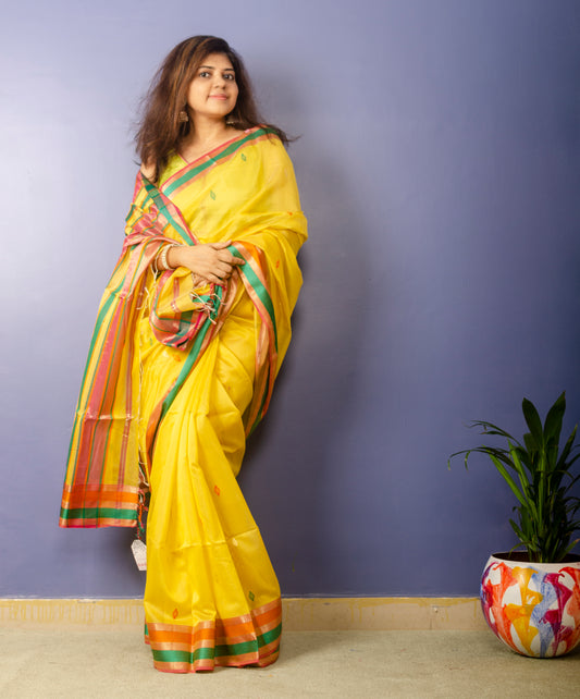 Lemon Yellow Handwoven Maheshwari Sari