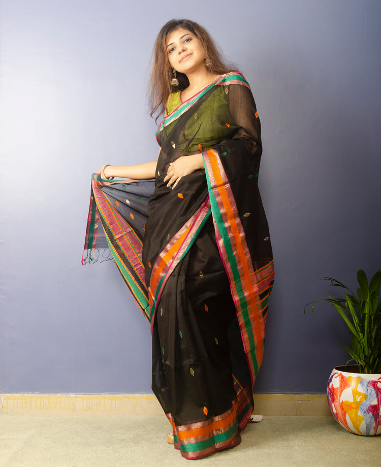 Black Handwoven Maheshwari Sari
