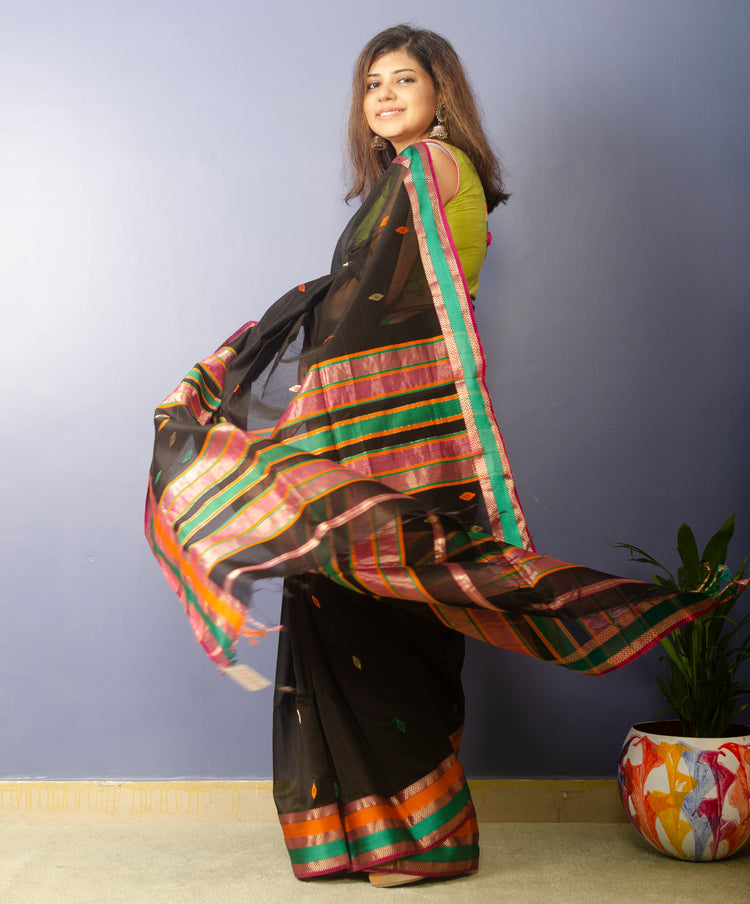 Black Handwoven Maheshwari Sari