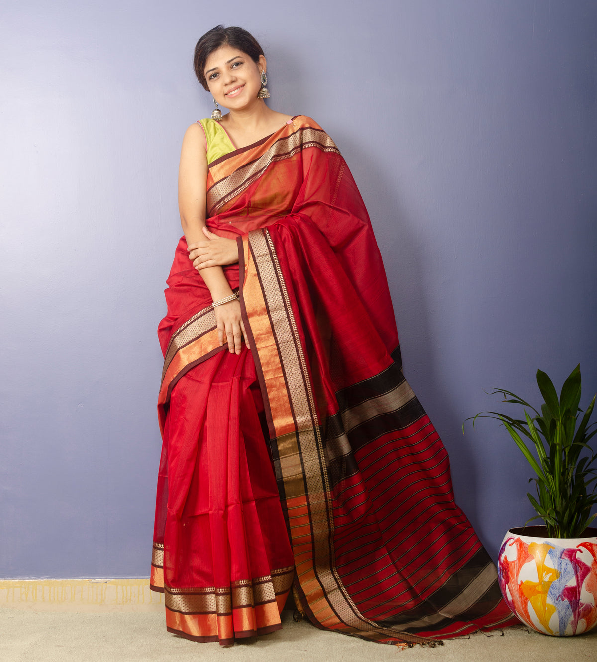 Burgundy - Handwoven Maheshwari Sari — view 2