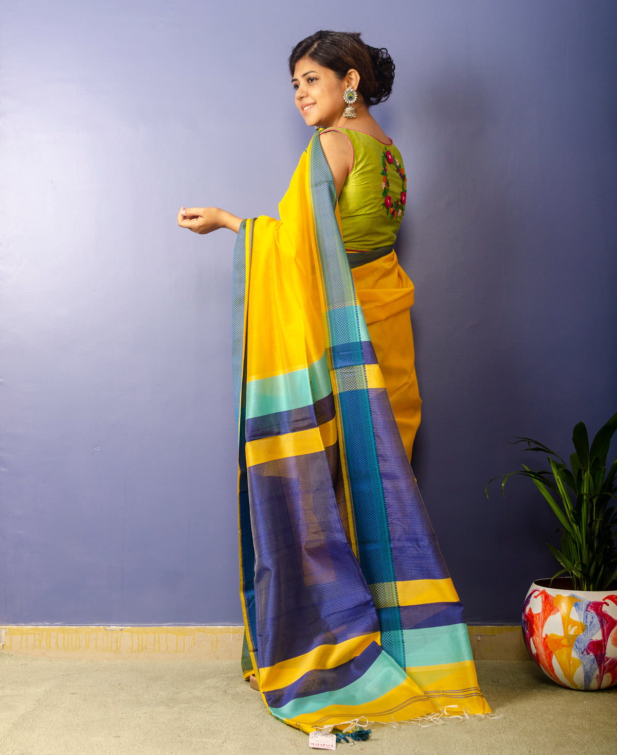 Yarrow - Yellow Handwoven Maheshwari Sari — view 3