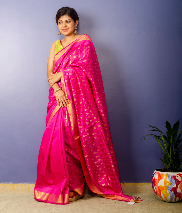 Catchfly - Pink handwoven Noel Tussar silk  with golden border