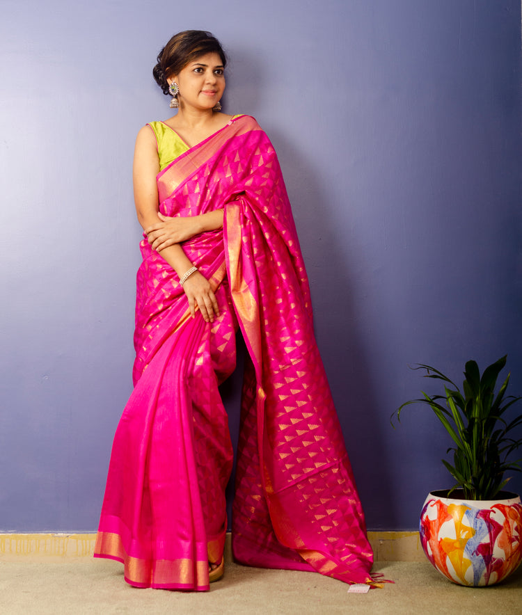 Catchfly - Pink handwoven Noel Tussar silk  with golden border