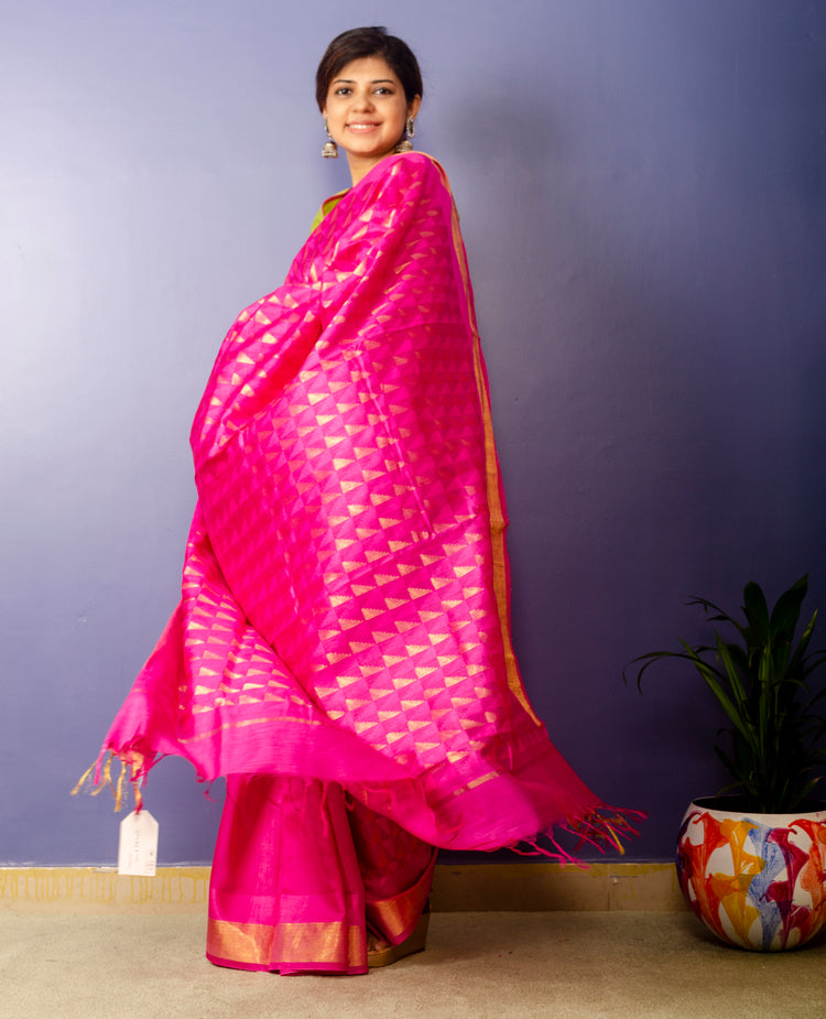 Catchfly - Pink handwoven Noel Tussar silk  with golden border