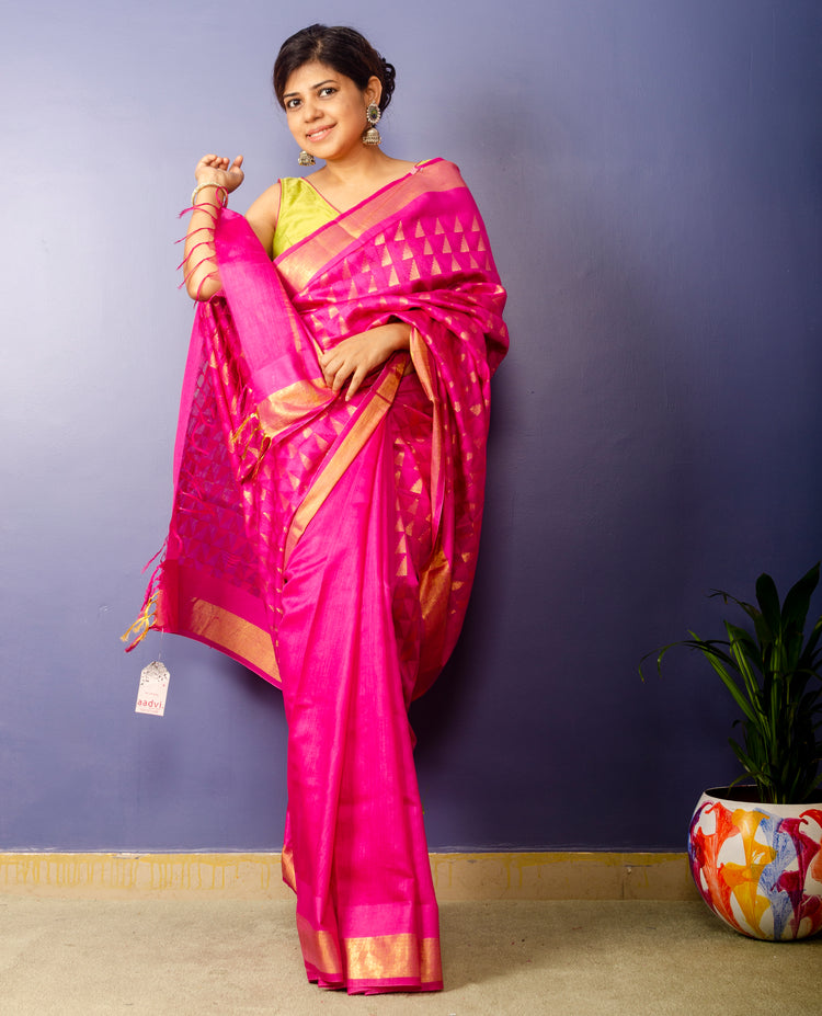 Catchfly - Pink handwoven Noel Tussar silk  with golden border