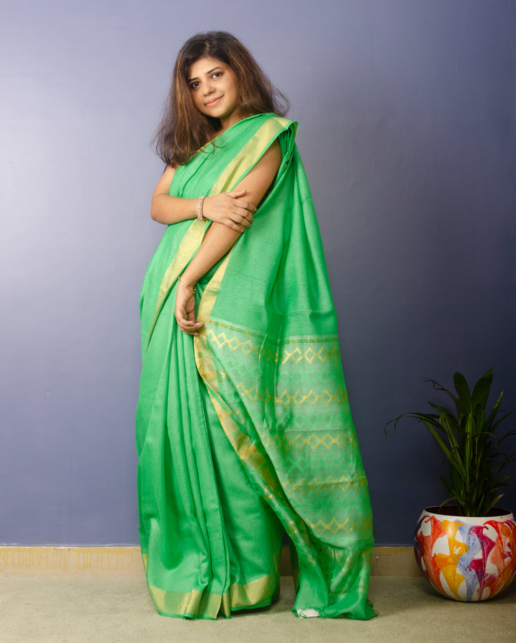 Panchi Sari - Green handwoven Noel Tussar silk  with golden border