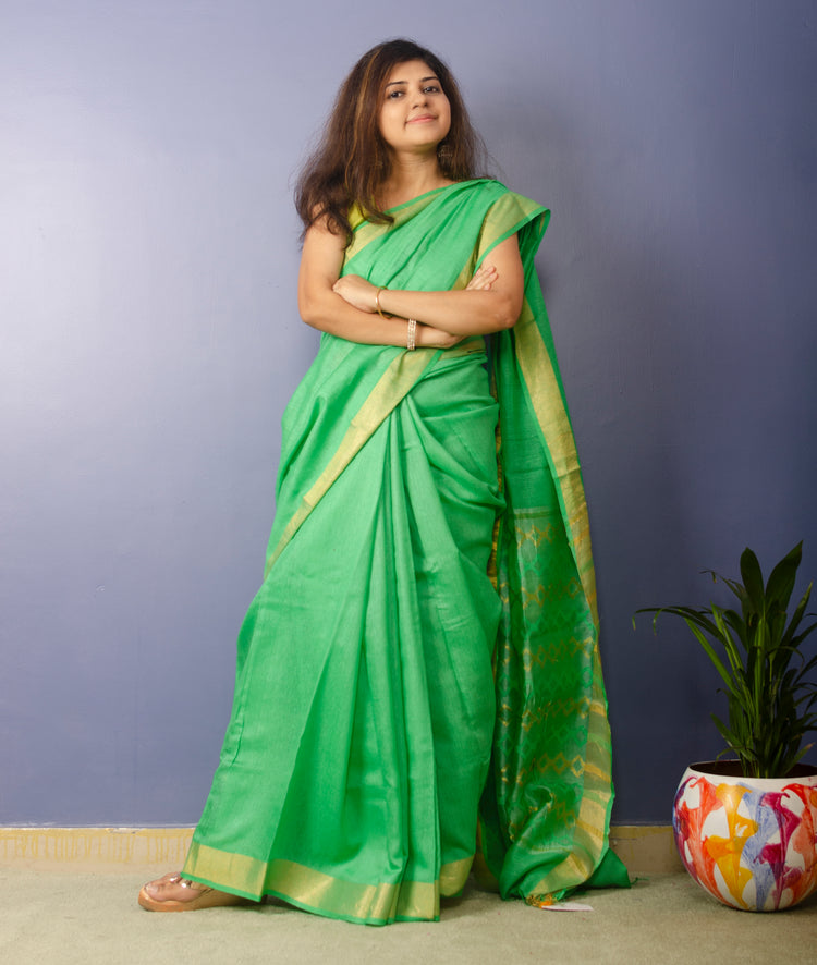 Panchi Sari - Green handwoven Noel Tussar silk  with golden border