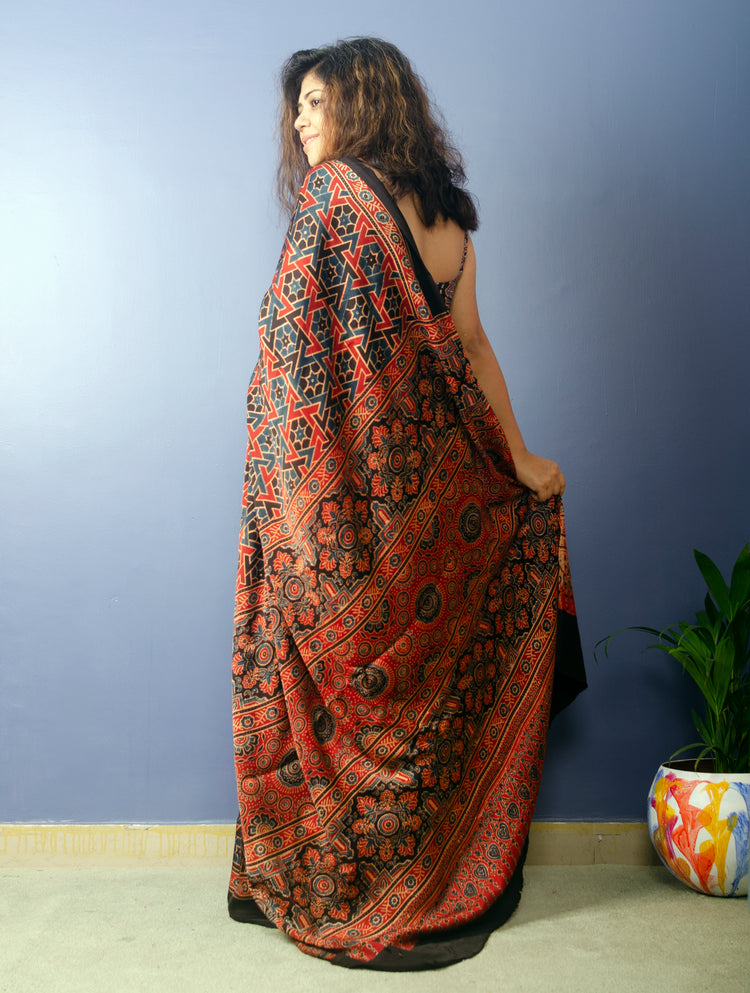 MAROON AJRAK BLOCK PRINTED MODAL SILK SARI