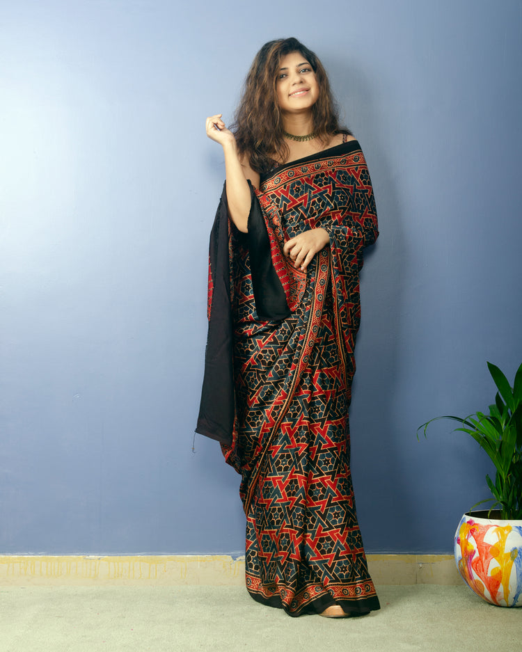 MAROON AJRAK BLOCK PRINTED MODAL SILK SARI