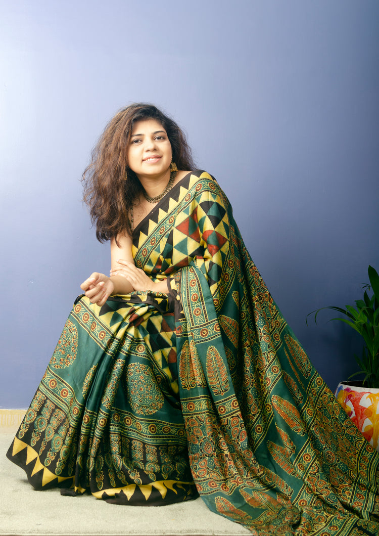 AJRAK HANDBLOCK PRINTED MODAL SILK SARI