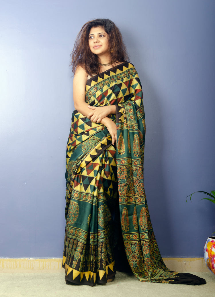 AJRAK HANDBLOCK PRINTED MODAL SILK SARI