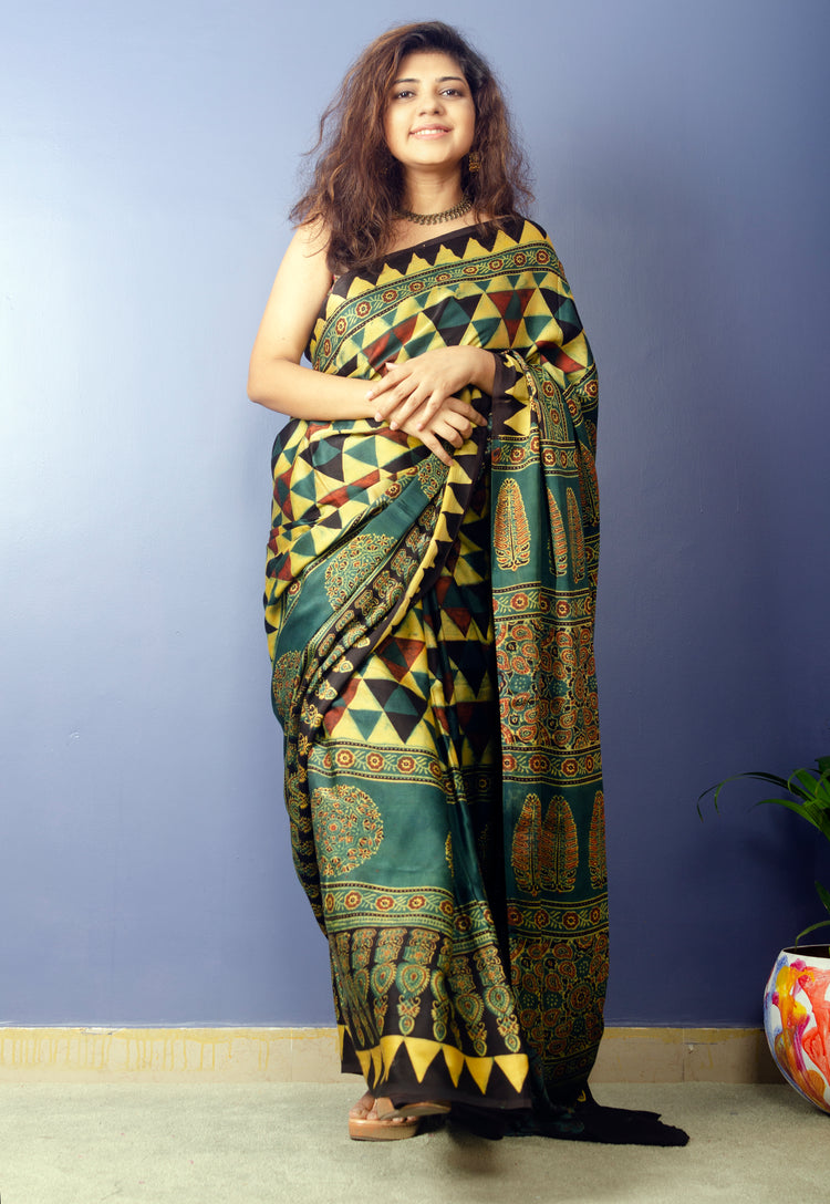 AJRAK HANDBLOCK PRINTED MODAL SILK SARI