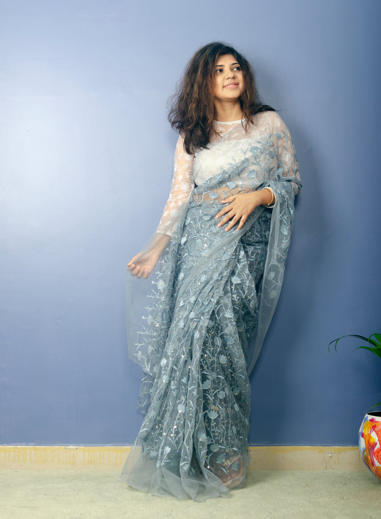 Cloud - Grey Embroidered Net Sari