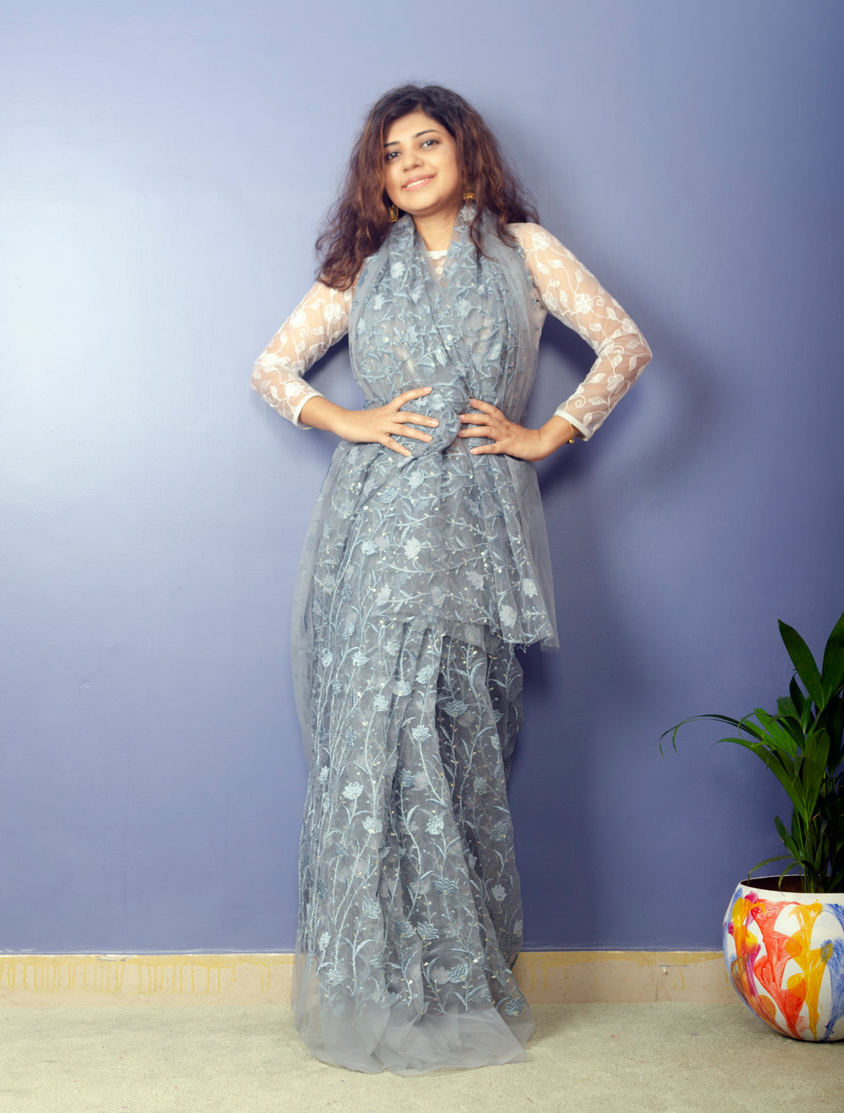 Cloud - Grey Embroidered Net Sari — view 4