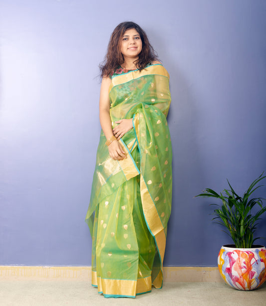 Lime Green Chanderi Handwoven Pure Silk by Silk Sari