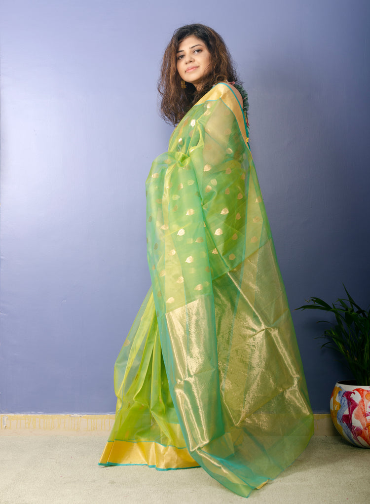 Lime Green Chanderi Handwoven Pure Silk by Silk Sari