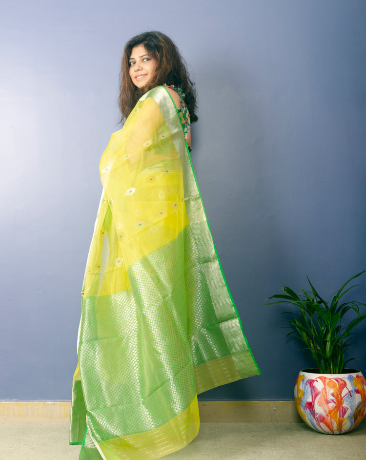 Lemon Yellow Chanderi Handwoven Pure Silk by Silk Sari with Green zari Border