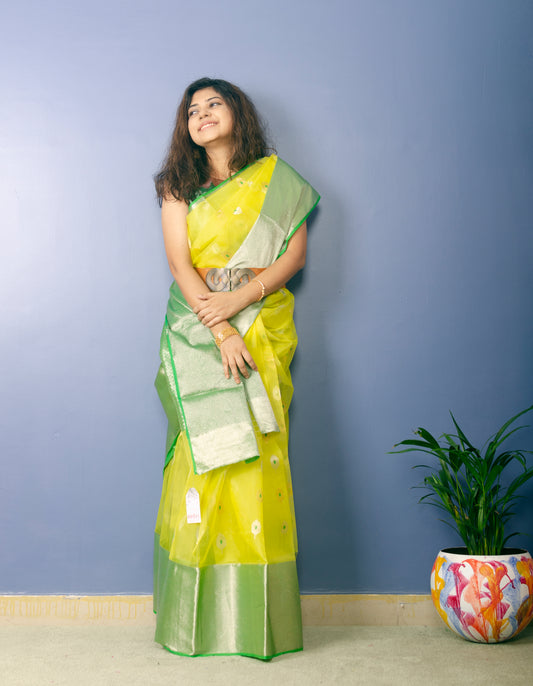 Lemon Yellow Chanderi Handwoven Pure Silk by Silk Sari with Green zari Border