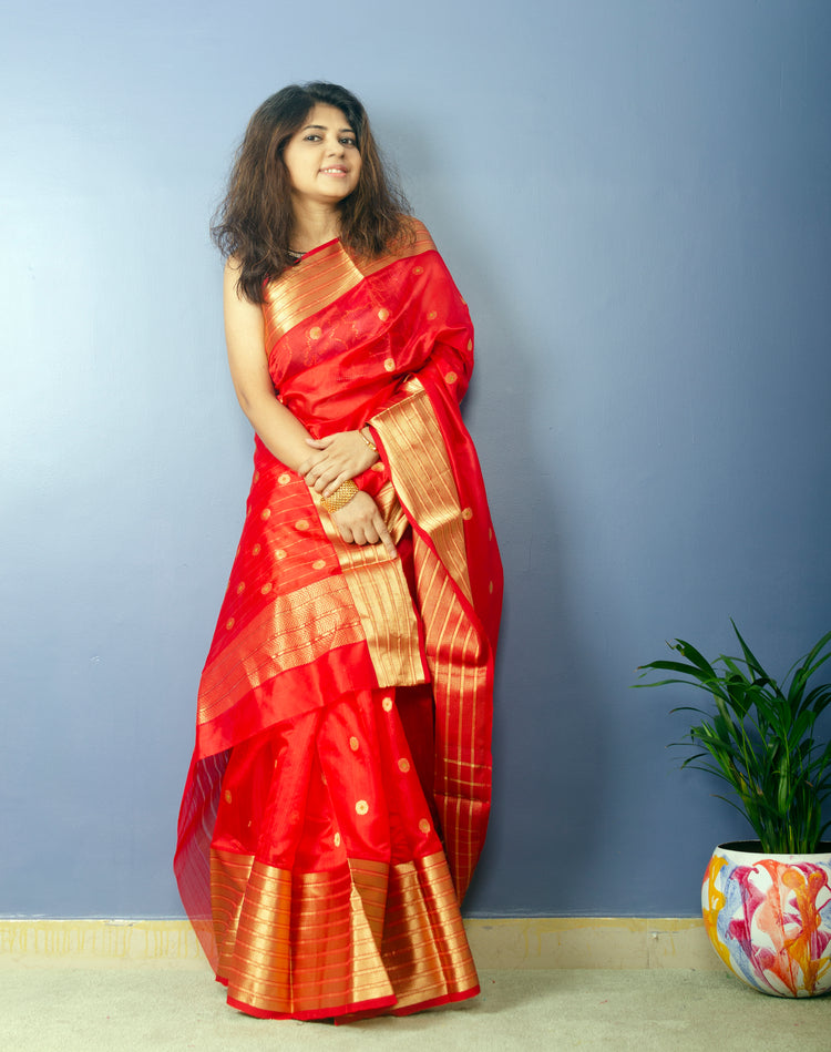 Redko - Tomato Red Chanderi Handwoven Pure Silk by Silk Sari with Golden Bordee