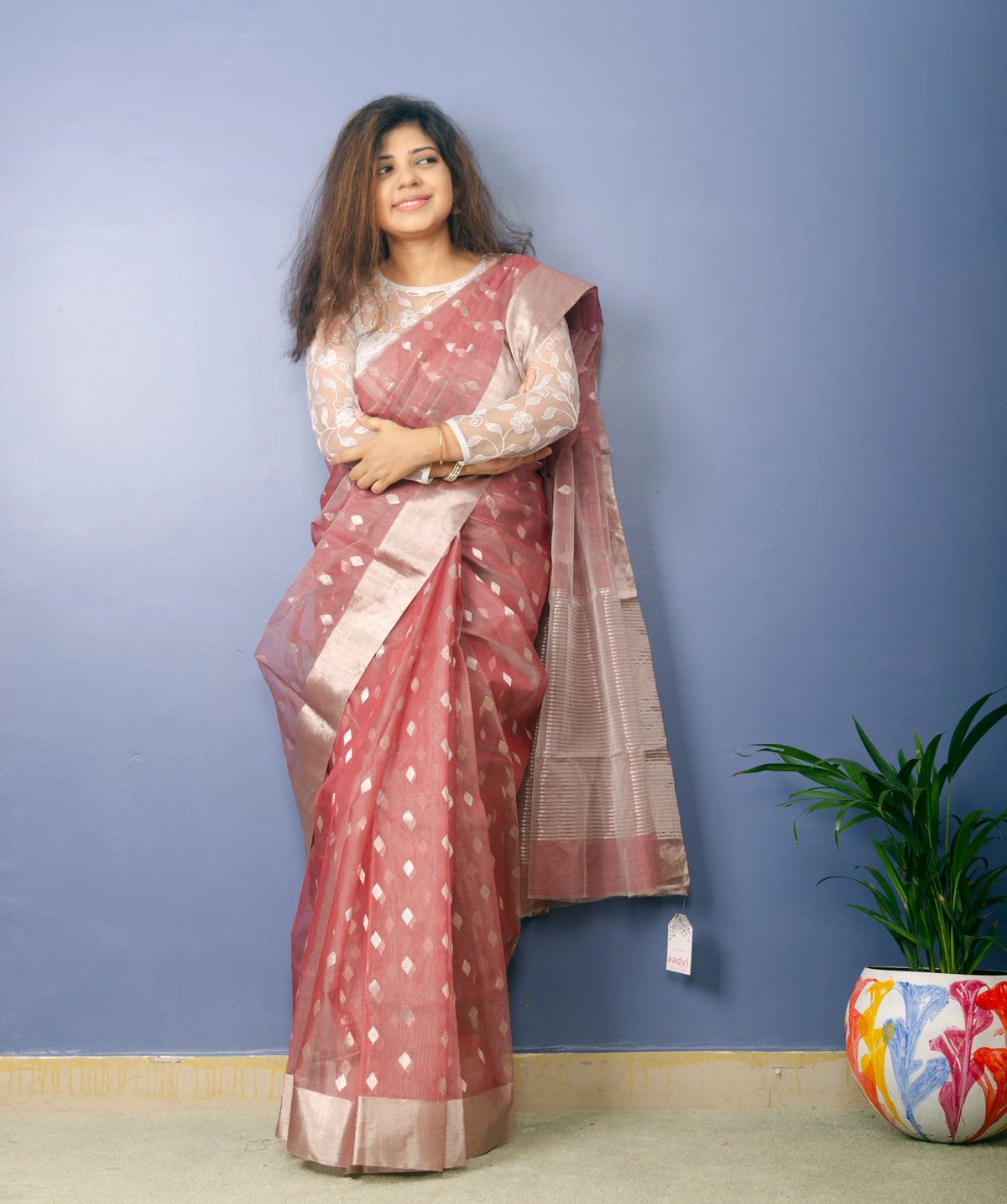 Rouge Color Chanderi Handwoven Pure Silk by Silk Sari — view 3