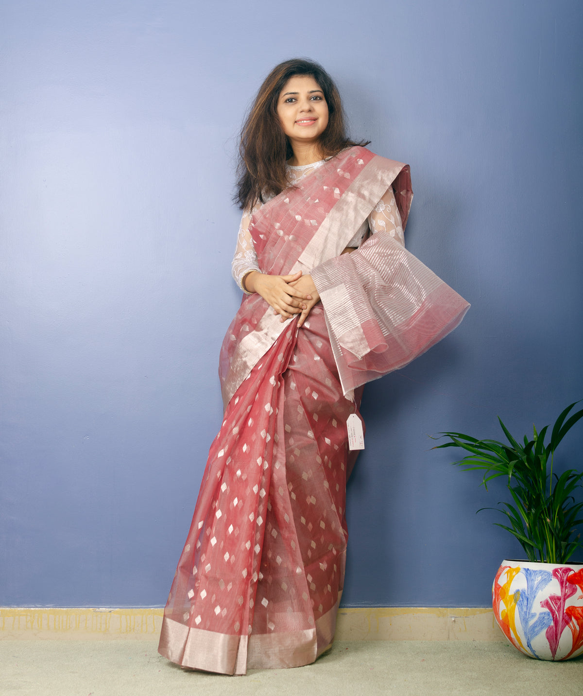 Rouge Color Chanderi Handwoven Pure Silk by Silk Sari — view 4