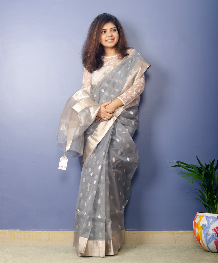 Mizuki - Slate Grey Chanderi Handwoven Pure Silk by Silk Sari