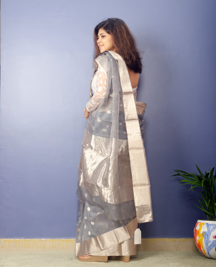 Mizuki - Slate Grey Chanderi Handwoven Pure Silk by Silk Sari