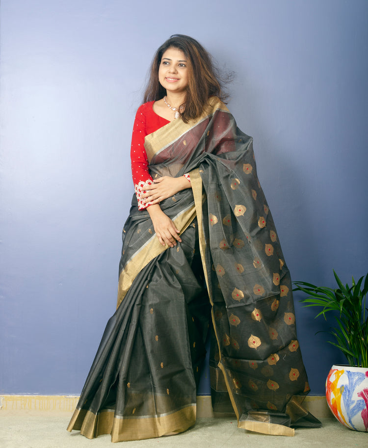 Deep Grey Chanderi Handwoven Silk Sari