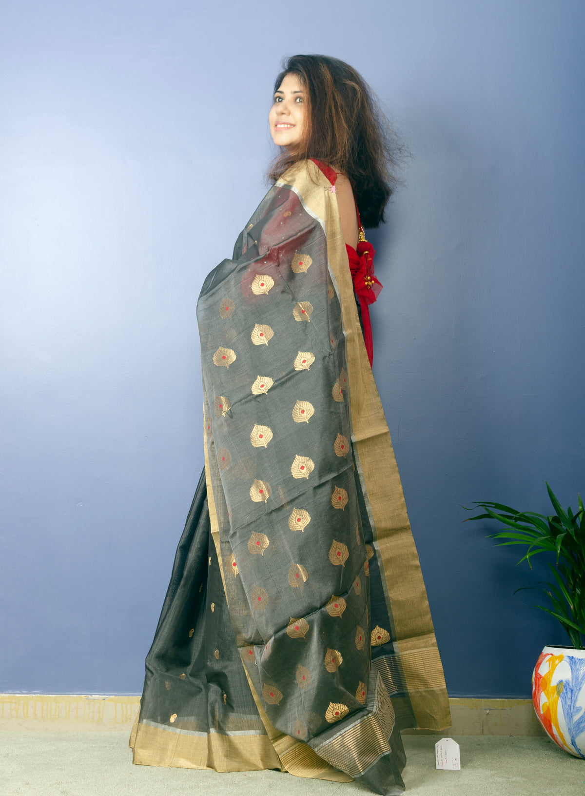 Deep Grey Chanderi Handwoven Silk Sari — view 6