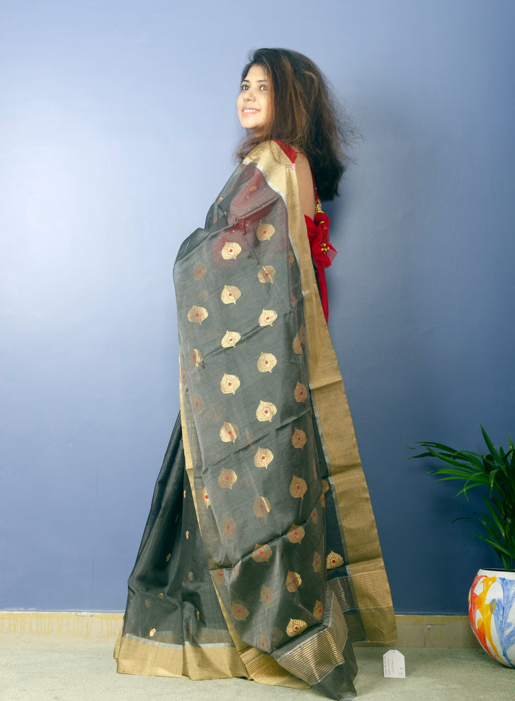 Deep Grey Chanderi Handwoven Silk Sari