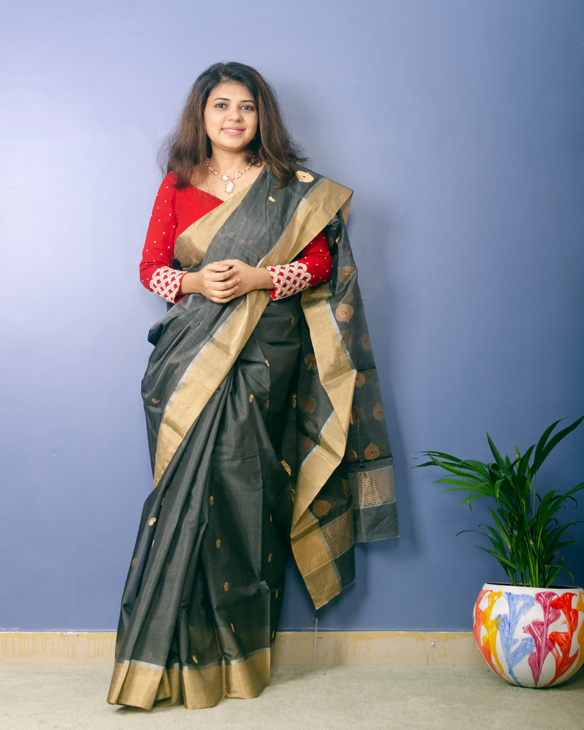 Deep Grey Chanderi Handwoven Silk Sari — view 4