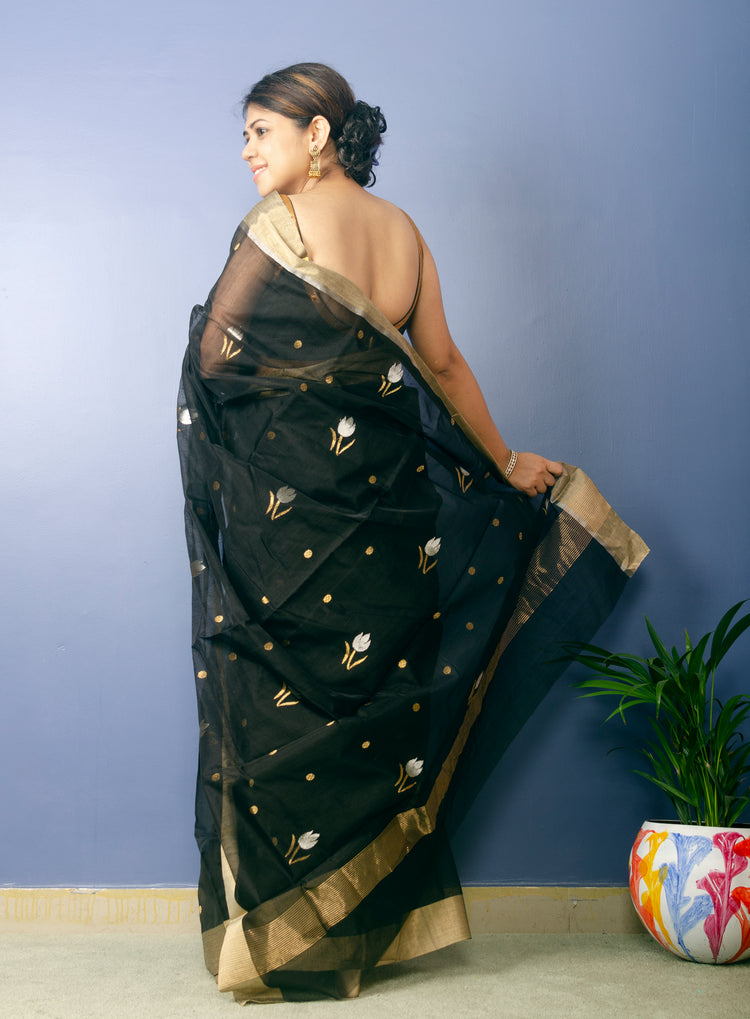 Kalon - Black Chanderi Handwoven Sari with Beautiful Pallu