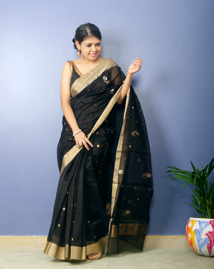 Kalon - Black Chanderi Handwoven Sari with Beautiful Pallu