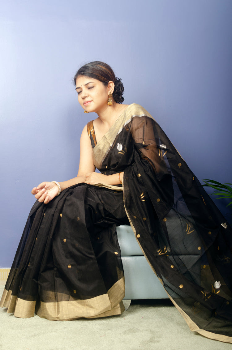 Kalon - Black Chanderi Handwoven Sari with Beautiful Pallu