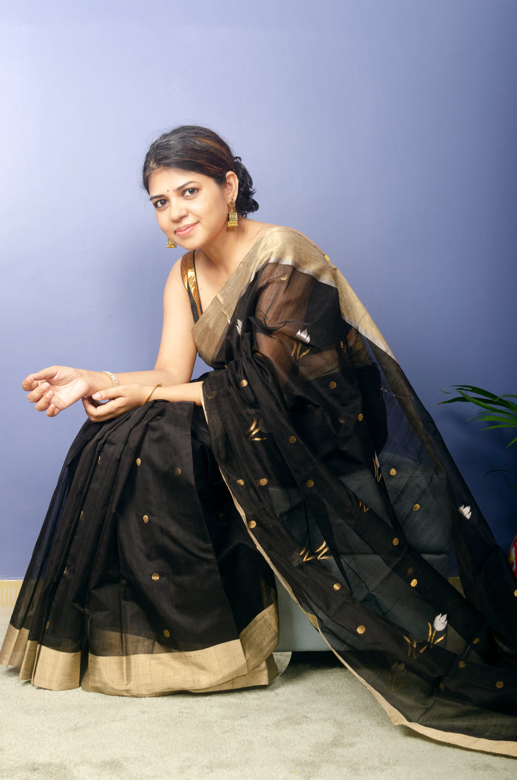 Kalon - Black Chanderi Handwoven Sari with Beautiful Pallu