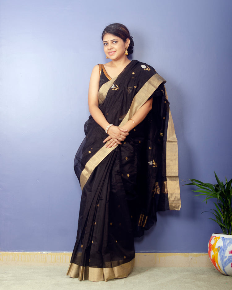 Kalon - Black Chanderi Handwoven Sari with Beautiful Pallu