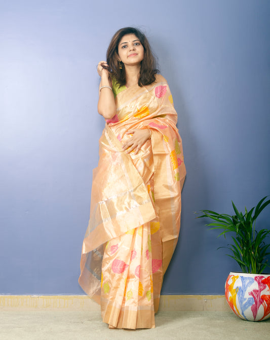 Flossy - Peach Color Chanderi Handwoven Pure Silk by Silk Sari with Multicolor motifs
