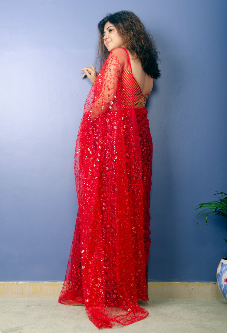 Vermillion - Red Sequin Net Sari